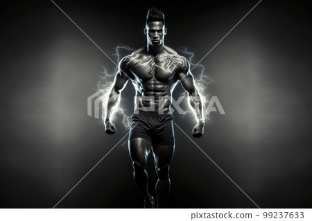 Strong man in lightning flashes, black athlete silhouette with inner energy, generative AI 99237633