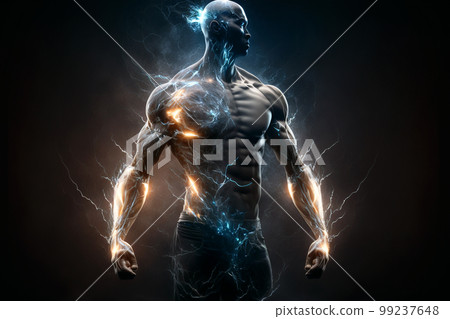Strong man in lightning flashes, athlete silhouette with energy, generative AI Strong man in lightning flashes, athlete silhouette with energy, generative AI 99237648