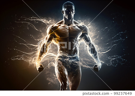 Strong man in lightning flashes, athlete silhouette with energy, generative AI. Strong man in lightning flashes, athlete silhouette with energy, generative AI. 99237649