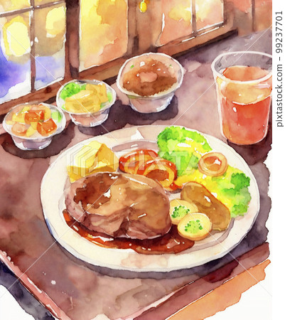 Hamburger steak Hamburger watercolor illustration "AI-generated image" 99237701