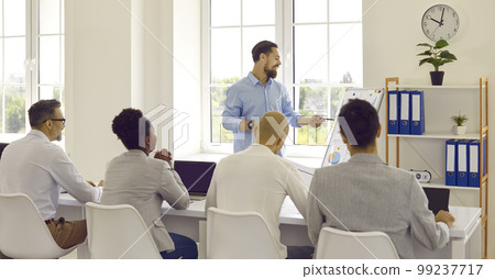 Male office worker is showing his management presentation with data analysis on whiteboard. Male office worker is showing his management presentation with data analysis on whiteboard. 99237717