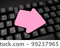 Colored sticker lying on black keyboard. Important information written over paper. Image with school supplies. Multiple Assorted Collection Office Stationery. 99237965