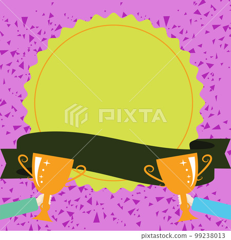 Winner cup on bright colored background. Whiteboard with important information. White text holder behind object contains main message. Empty speech bubble. 99238013