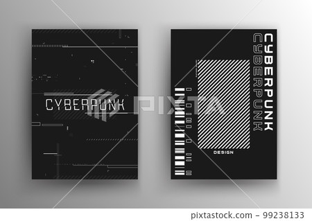 Set of cyberpunk futuristic poster set. Modern cyberpunk design for web and print template. Tech flyer with HUD glitchy elements. Abstract futuristic technology black and white design. Set of cyberpunk futuristic poster set. Modern cyberpunk design for web and print template. Tech flyer with HUD glitchy elements. Abstract futuristic technology black and white design. 99238133