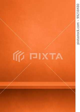 Empty shelf on a neon orange concrete wall. Background template. Vertical mockup 99238480