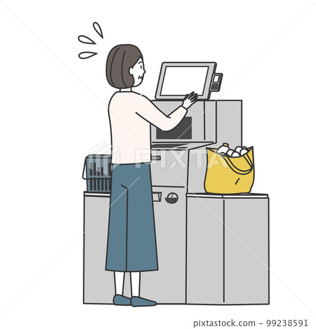 A woman who is in trouble because she does not know how to use the self-checkout at the supermarket A woman who is in trouble because she does not know how to use the self-checkout at the supermarket 99238591