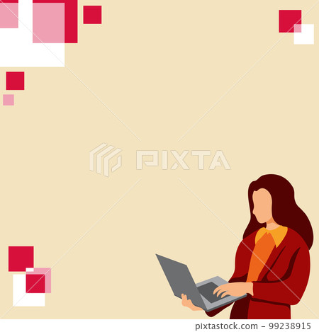 Businesswoman standing on the bright colored background. Woman holding laptop and typing text. Big white speech bubble contains important information. Presenting agenda. Businesswoman standing on the bright colored background. Woman holding laptop and typing text. Big white speech bubble contains important information. Presenting agenda. 99238915