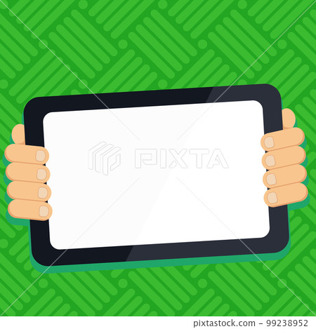 Two hands holding tablet with Critical Announcements. Important information on the screen. Blank space for text. Empty box to presentation. Bright colored background. Two hands holding tablet with Critical Announcements. Important information on the screen. Blank space for text. Empty box to presentation. Bright colored background. 99238952