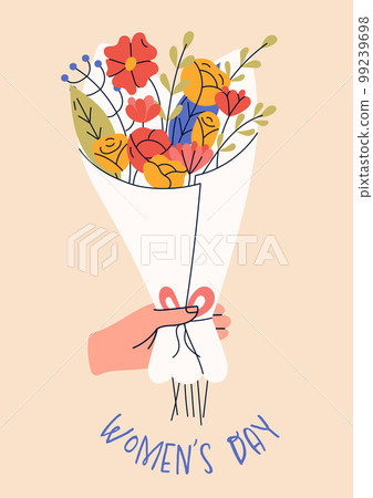 8 march, International Women's Day. Greeting card or postcard templates with bouquet of flowers for card, poster, flyer. Girl power, feminism, sisterhood concept. 99239698