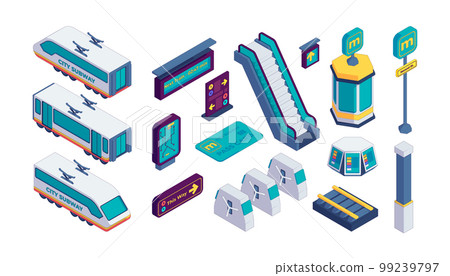 Isometric metro collection. City metro station elements with train tunnel escalator turnstile, urban metropolitan traffic concept. Vector isolated set Isometric metro collection. City metro station elements with train tunnel escalator turnstile, urban metropolitan traffic concept. Vector isolated set 99239797