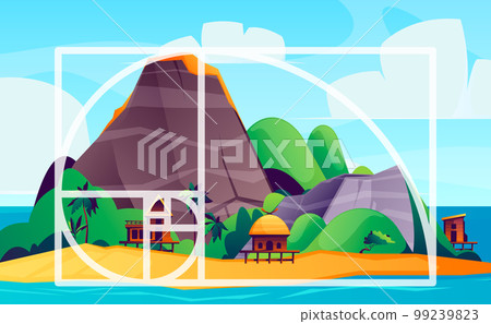 Golden composition rule. Geometry harmony proportions composed on tropical landscape, spiral ratio of thirds and fibonacci sequence. Vector illustration Golden composition rule. Geometry harmony proportions composed on tropical landscape, spiral ratio of thirds and fibonacci sequence. Vector illustration 99239823