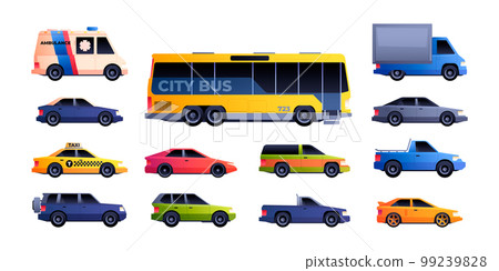 City transport set. Different models of cars, colorful urban vehicles taxi bus van emergency automobiles flat cartoon style. Vector isolated collection 99239828