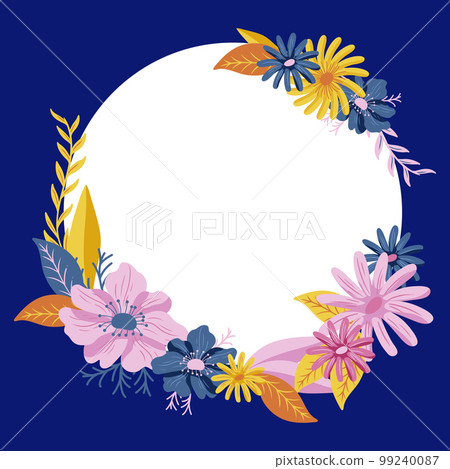 Frame Decorated With Colorful Flowers And Foliage Arranged Harmoniously. Empty Poster Border Surrounded By Multicolored Bouquet Organized Pleasantly. Dark Blue color. Frame Decorated With Colorful Flowers And Foliage Arranged Harmoniously. Empty Poster Border Surrounded By Multicolored Bouquet Organized Pleasantly. Dark Blue color. 99240087
