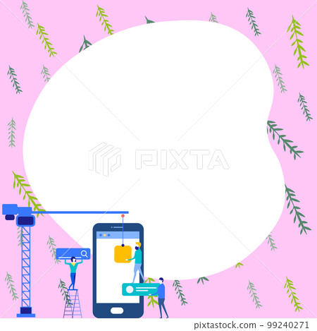 Mobile phone with information on the screen. Bright color illustration with important information. Big white speech bubble for text. Agenda. Critical Updates Displayed. 99240271