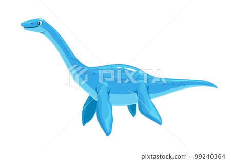 Cartoon plesiosaur dinosaur character. Isolated vector underwater monster lizard. Vertebrate marine reptile with blue skin and flippers. Long-necked palaeontology animal, cute game or book personage Cartoon plesiosaur dinosaur character. Isolated vector underwater monster lizard. Vertebrate marine reptile with blue skin and flippers. Long-necked palaeontology animal, cute game or book personage 99240364