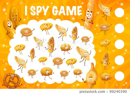 Cartoon bakery, pastry and bread characters. I spy game worksheet. Child counting puzzle, calculation vector quiz with barbari, marraqueta, baguette and tortilla, pretzel, cunape bun pastry personages Cartoon bakery, pastry and bread characters. I spy game worksheet. Child counting puzzle, calculation vector quiz with barbari, marraqueta, baguette and tortilla, pretzel, cunape bun pastry personages 99240390