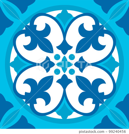 Azulejo and moroccan Mediterranean seamless navy blue talavera. Vector majolica, damask ornament. Lisbon geometric tile vector pattern, Spanish mosaic 99240456