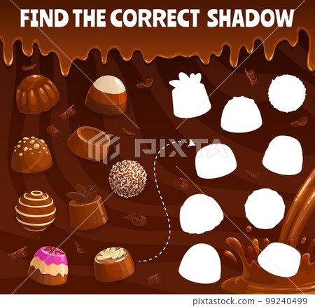 Find the correct shadow of chocolate praline and fudge candy. Souffle, truffle and jelly, hazelnut bonbons. Shadow match children quiz, similarity search puzzle vector worksheet with chocolate candies Find the correct shadow of chocolate praline and fudge candy. Souffle, truffle and jelly, hazelnut bonbons. Shadow match children quiz, similarity search puzzle vector worksheet with chocolate candies 99240499