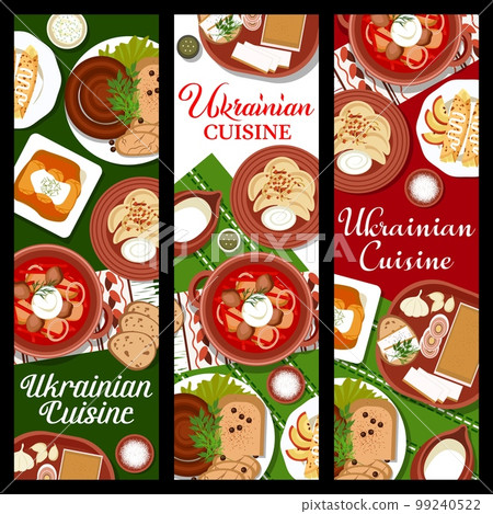 Ukrainian cuisine meal banners, vector dishes of traditional food, meat vegetable soup borscht, dumplings and cabbage rolls with sour cream. Salo, blood sausages and sweet pancakes, restaurant menu 99240522