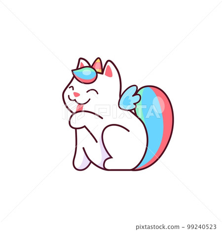 Cartoon cute kawaii caticorn character washing a leg. Vector fantasy animal personage with colorful tail, wings and horn licking the paw. Funny magical kitten, magic cat, sweet unicorn kitty hygiene Cartoon cute kawaii caticorn character washing a leg. Vector fantasy animal personage with colorful tail, wings and horn licking the paw. Funny magical kitten, magic cat, sweet unicorn kitty hygiene 99240523