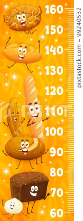 Kids height chart ruler. Cartoon bakery, pastry and bread characters. Children growth meter, height measure vector ruler scale with tiger, rye and brod bread, baguette, barbari, mantou cute personages 99240532