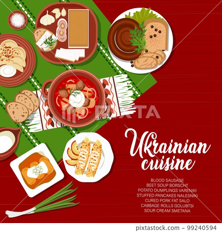 Ukrainian cuisine menu cover, traditional vegetable and meat food vector dishes. Soup borscht with sour cream, salo and blood sausages, potato dumplings, cabbage rolls and pancakes on wood background 99240594