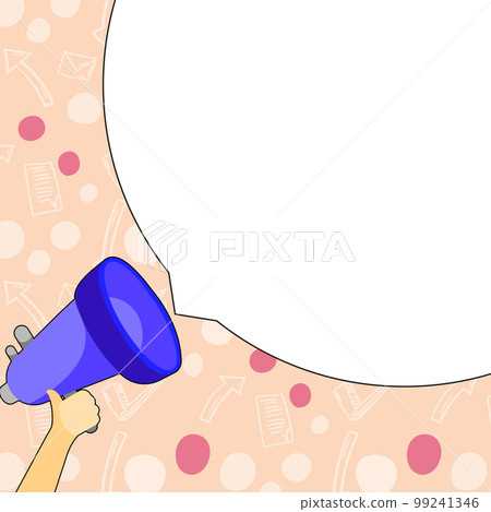 Megaphone In Hand Voice Device With Speech Bubble Presenting Important Brand New Messages. Bullhorn Drawing With Dialog Balloon Showing Announcement. Megaphone In Hand Voice Device With Speech Bubble Presenting Important Brand New Messages. Bullhorn Drawing With Dialog Balloon Showing Announcement. 99241346