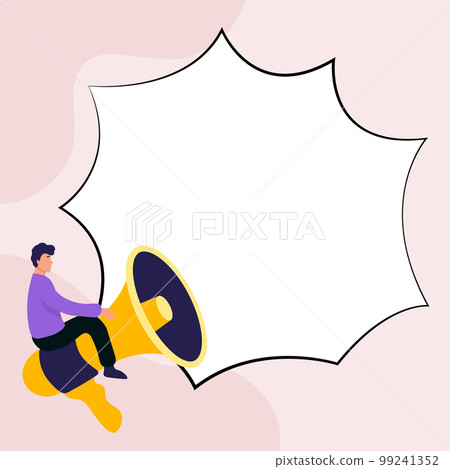 Man sitting on megaphone. Big empty dialog bubble for brand new information. White blank space for text. Presented Critical Updates. Bright colored background. Man sitting on megaphone. Big empty dialog bubble for brand new information. White blank space for text. Presented Critical Updates. Bright colored background. 99241352