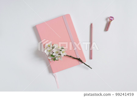 Modern flat lay, hospital, pink notepad or planner with a pen and apple flowers on a white table. Best for social media, blogging 99241459