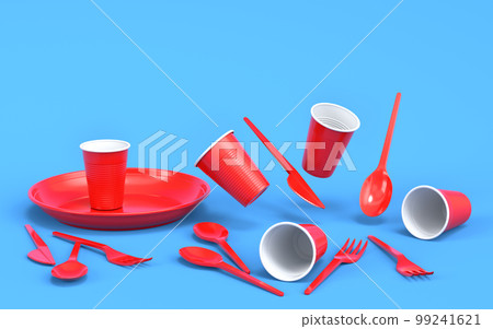 Set of disposable utensils like plate, folk, spoon,knife and cup on blue Set of disposable utensils like plate, folk, spoon,knife and cup on blue 99241621