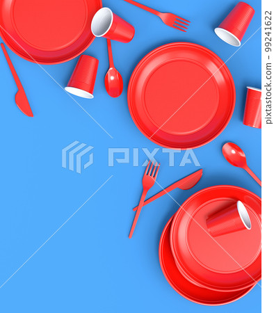 Set of disposable utensils like plate, folk, spoon,knife and cup on blue Set of disposable utensils like plate, folk, spoon,knife and cup on blue 99241622