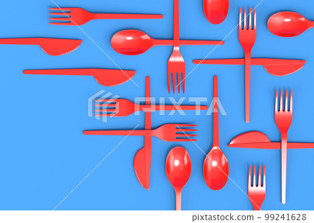 Set of disposable utensils like spoon, fork and knife on blue background. Set of disposable utensils like spoon, fork and knife on blue background. 99241628