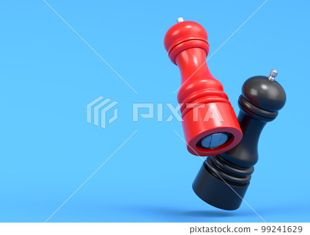 Set of salt or pepper wooden mill filled with peppercorns on blue background. Set of salt or pepper wooden mill filled with peppercorns on blue background. 99241629