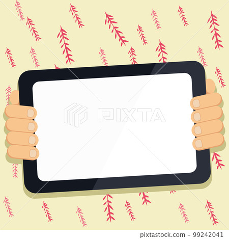 Two hands holding tablet with Critical Announcements. Important information on the screen. Blank space for text. Empty box to presentation. Bright colored background. 99242041