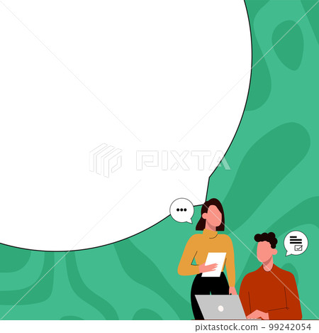 Man sitting at the table with laptop. Woman standing near computer. People discussing latest news. Big white text holder on colored background contains agenda. Man sitting at the table with laptop. Woman standing near computer. People discussing latest news. Big white text holder on colored background contains agenda. 99242054
