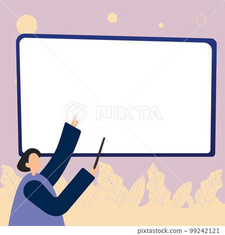 Woman pointing with pointer stick to important information written on whiteboard. Large Conversation Balloon with New Ideas. Blank speech bubble contains Recent Updates. Woman pointing with pointer stick to important information written on whiteboard. Large Conversation Balloon with New Ideas. Blank speech bubble contains Recent Updates. 99242121