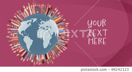 Hands and raised arms of many multicultural women around the earth. Women s day. Racial equality. Female social community of diverse culture. Empowerment or inclusion. Banner copy space 99242123