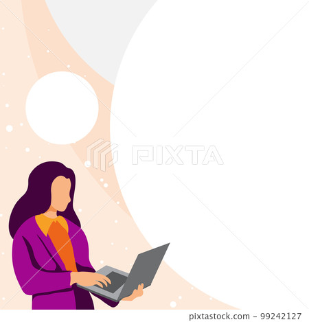 Businesswoman standing on the bright colored background. Woman holding laptop and typing text. Big white speech bubble contains important information. Presenting agenda. 99242127