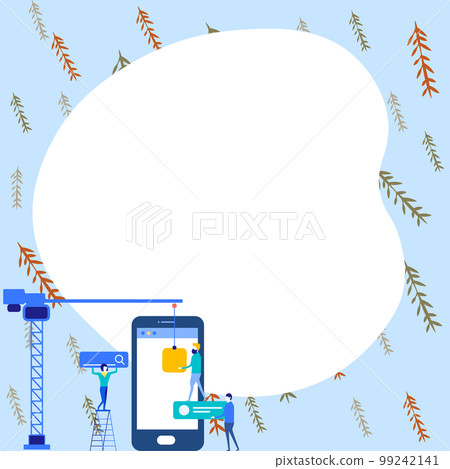 Mobile phone with information on the screen. Bright color illustration with important information. Big white speech bubble for text. Agenda. Critical Updates Displayed. 99242141