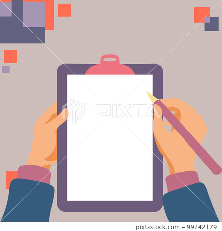 Illustration with hands holdings paper and pencil writing text. Brand nes infromation. Empty Space for important information. Notes contain main message, agenda. Illustration with hands holdings paper and pencil writing text. Brand nes infromation. Empty Space for important information. Notes contain main message, agenda. 99242179