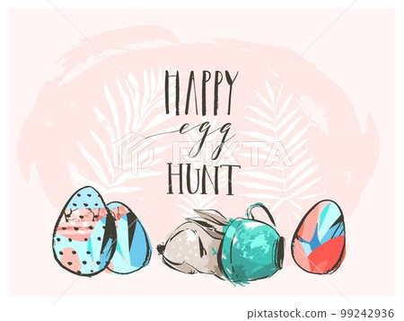 Hand drawn vector abstract graphic scandinavian collage Happy Easter cute simple bunny,eggs illustrations greeting card and Happy Egg hunt handwritten calligraphy isolated on pink pastel background Hand drawn vector abstract graphic scandinavian collage Happy Easter cute simple bunny,eggs illustrations greeting card and Happy Egg hunt handwritten calligraphy isolated on pink pastel background 99242936