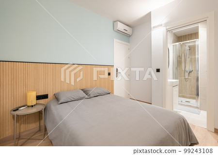 Bedroom with spacious bed against wall demarcated with wood paneling and blue paint and bedside table. Bedding is in beautiful gray color. From room there is doorway to bathroom with glass shower. 99243108
