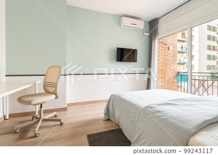 Spacious bright room with bed, large opening on entire wall with sliding plastic doors and access to balcony. Room has table with chair, air conditioning and TV for pleasant leisure. 99243117
