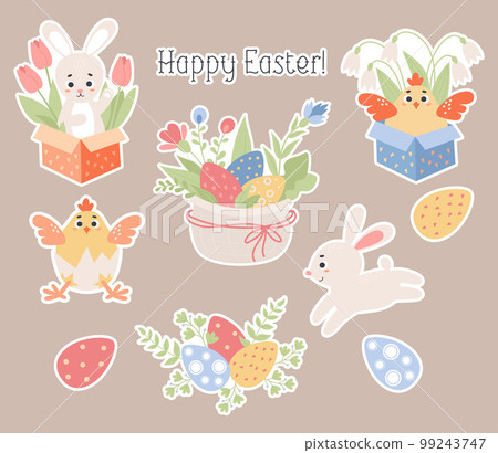 Easter Spring collection stickers. Cute paschal animals, bunny, chick, basket with eggs and flowers. Vector illustration. Isolated elements in flat cartoon style for design, kids collection, print. 99243747