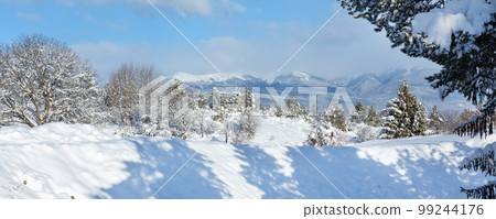Snow peaks of Rila Mountains, Bulgaria banner Snow peaks of Rila Mountains, Bulgaria banner 99244176