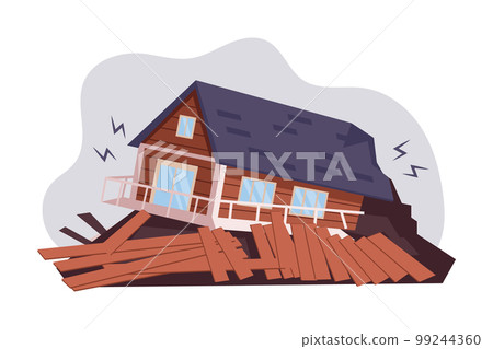 Destroyed house. Hurricane, tornado, earthquake. The concept of natural disasters. Illustration, vector 99244360