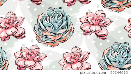 Hand drawn vector abstract ink brush grunge drawing textured crafted decoration succulent cacti flowers collage seamless pattern isolated on white background. 99244613