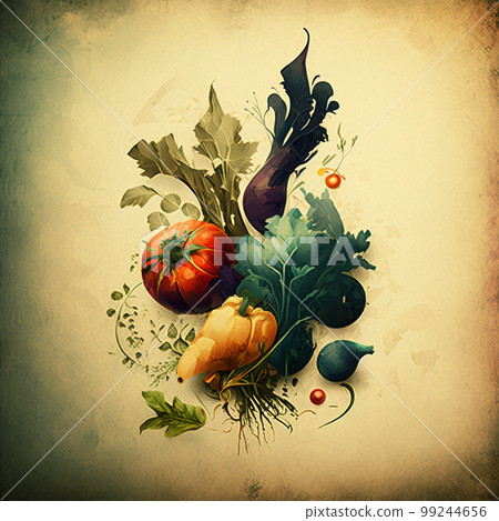 Minimalist retro illustration with vegetables and fruits. Abstract contemporary modern art. Vintage style. 99244656