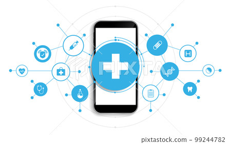 Healthcare and medicine technology with mobile or smartphone. phone screen with medical specialist and icons healthcare, cardiogram. medical video consultation with doctor through phone app. vector. Healthcare and medicine technology with mobile or smartphone. phone screen with medical specialist and icons healthcare, cardiogram. medical video consultation with doctor through phone app. vector. 99244782