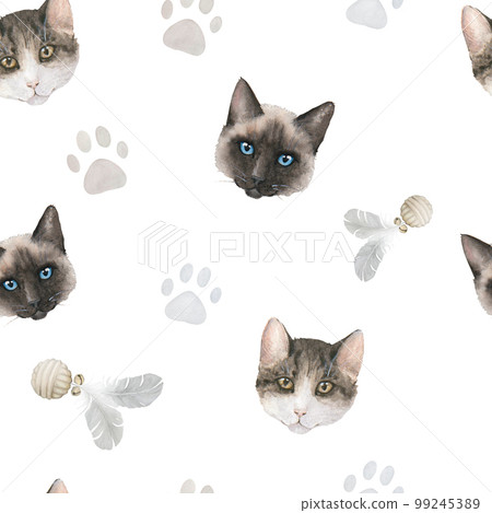 Seamless watercolor pattern with pastel paw prints, toys, cats' heads on white background 99245389